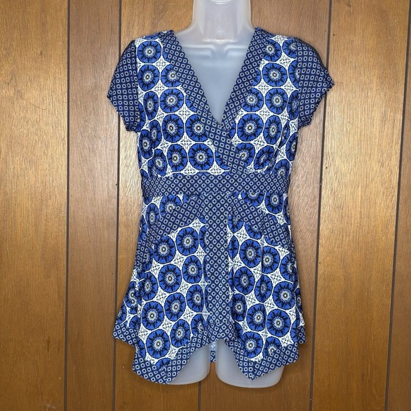 INC‎ Babydoll Top PS Blue Floral Geometric Asymmetrical Hem Boho Festival Artsy - Picture 1 of 14